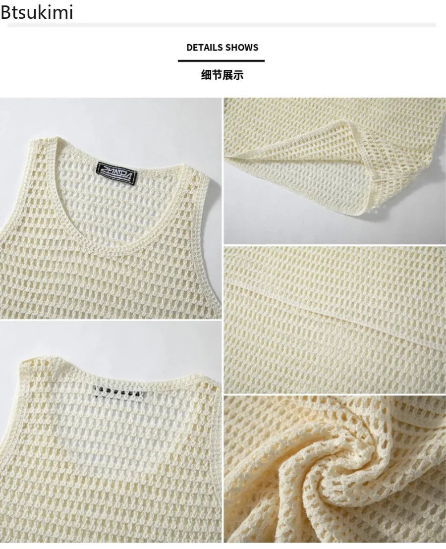 New Summer Men Sexy Mesh Tank Tops Transparent Fishnet Tops Male Vintage Knitted Sleeveless Tops Hollow Out Sports Fitness Tees
