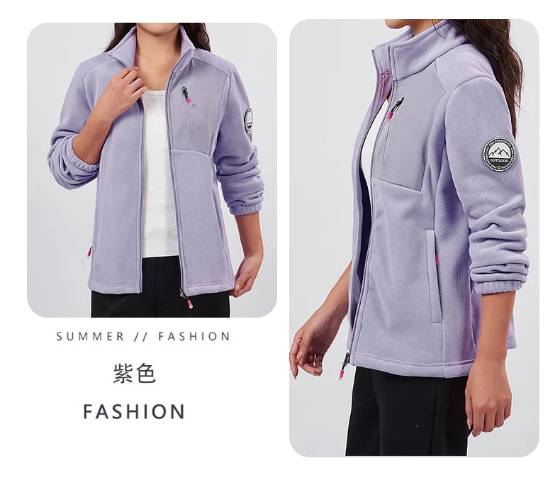 Unisex Outdoor Fleece Jacket Men  Warm Slim-Fit  Zip-Up Front Solid Color Jacket