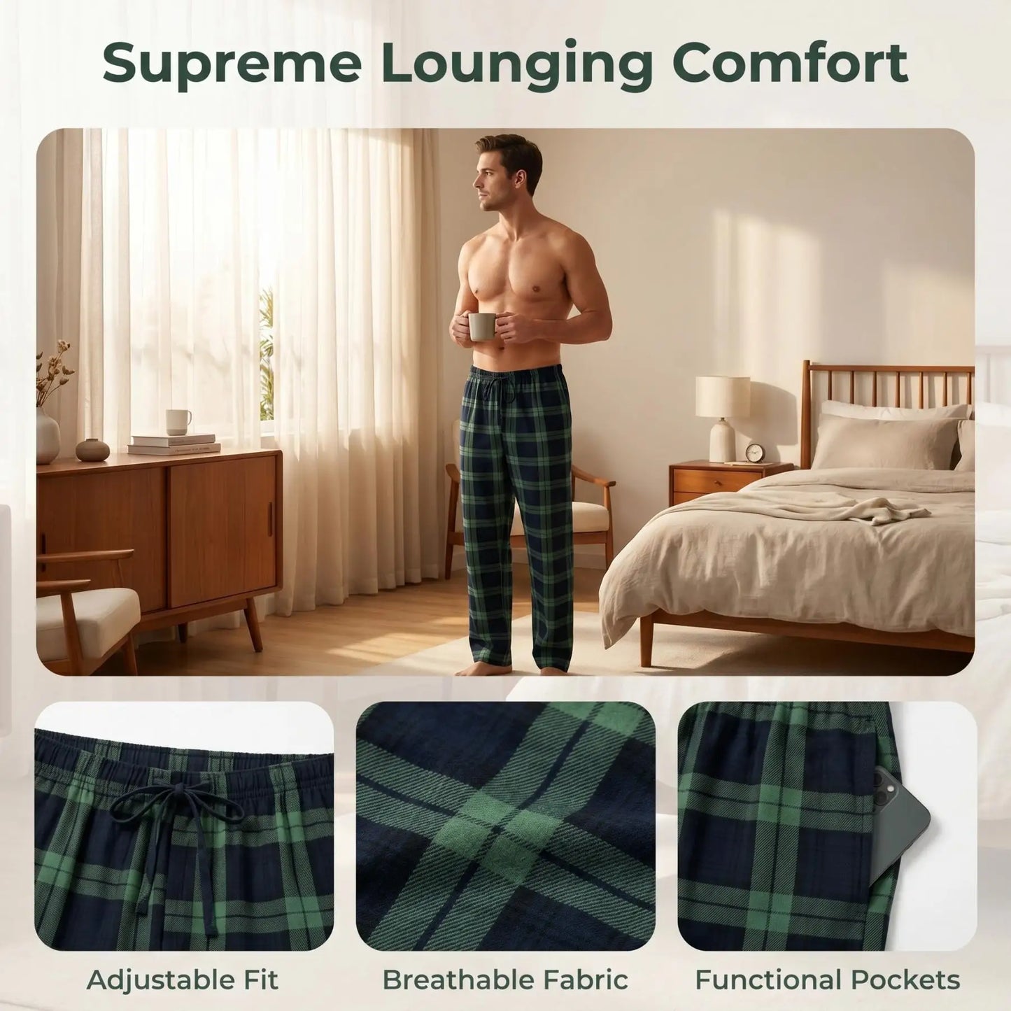 Men's Lightweight Soft Plaid Pajama Pants with Pockets Four Seasons Lounge Sleepwear M-XL Comfortable Sleep Pants