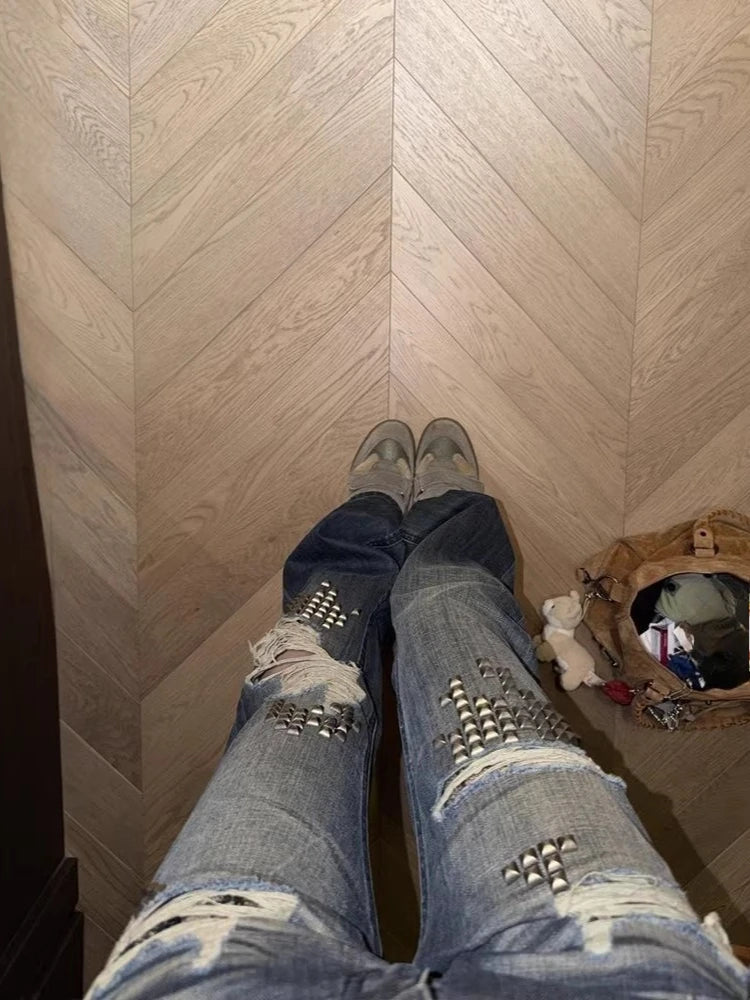 Vintage Y2K Studded Patchwork Denim Jeans for Men