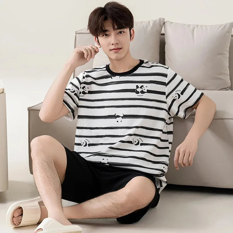 Summer Cotton Pyjamas Casual Pajamas Sleep Tops Shorts For Men Lovely Panda Print Pajama Sets Comfortable Cool Sleepwear 2022