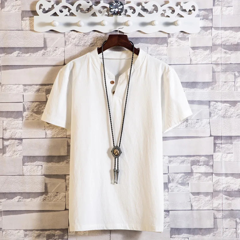Men's Casual V Neck Short Sleeve Linen T-shirt