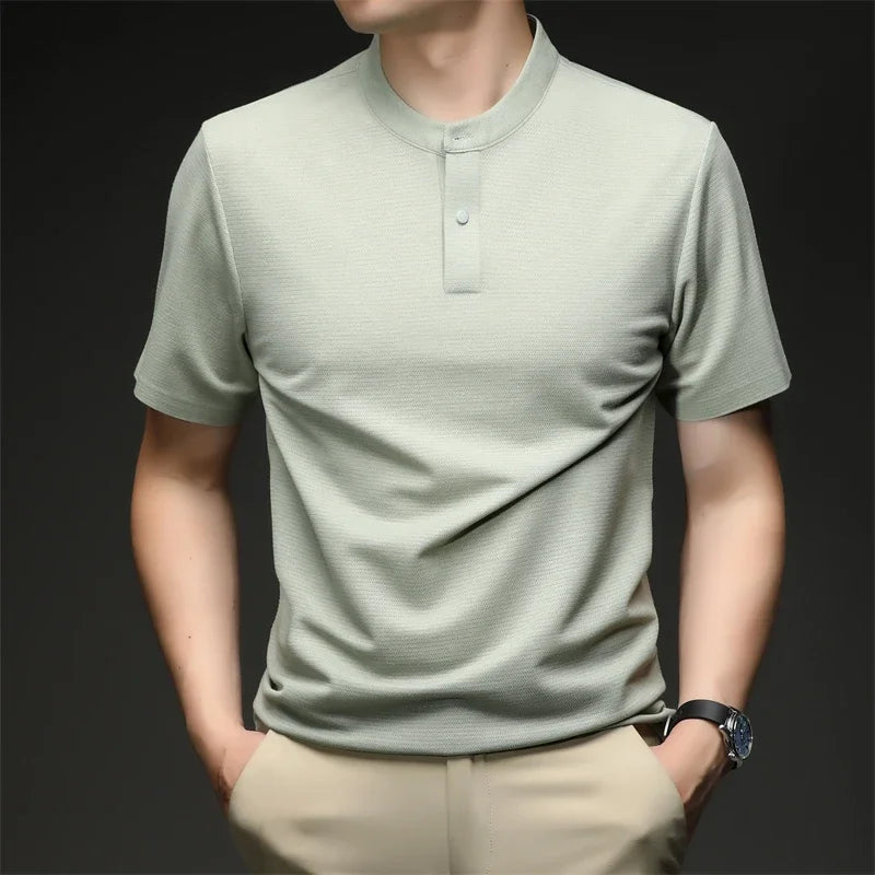 Mens Short Sleeve Mandarin Collar Polo Shirt Casual Tops With Buttons Breathable Slim Fit Waffle Knit Tees For Men Summer Style