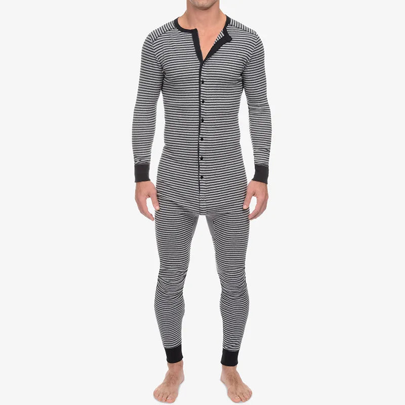 Striped Lounge One-Piece Pajama Sets Sleepsuit Men's Sleep Slim-Fit Long-Sleeve Underwear Autumn-Winter New Homewear