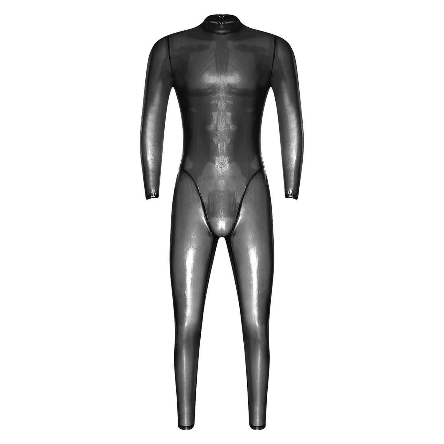 Mens Lingerie Tights Long Pants Metallic Shiny Full Body Unitard Back Zipper Catsuit Bodysuit Leggings Sheer Jumpsuit Clubwear
