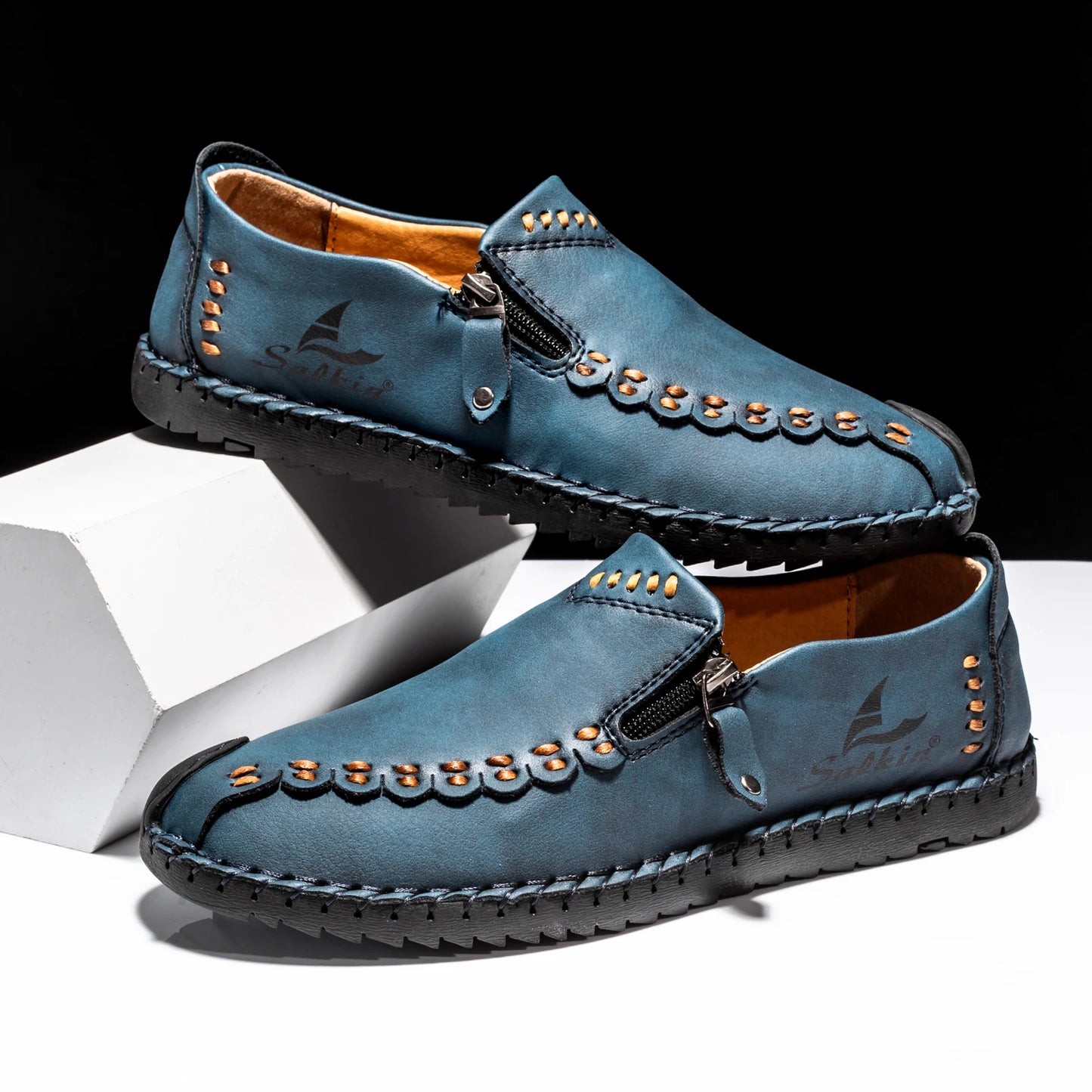 Men's Breathable Leather Casual Shoes with Zip Closure