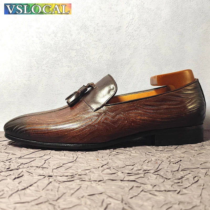 2025 Men's Loafers Shoes Black Brown Tassel Print Casual Mens Dress Shoes Office Wedding Genuine Leather Loafers For Men
