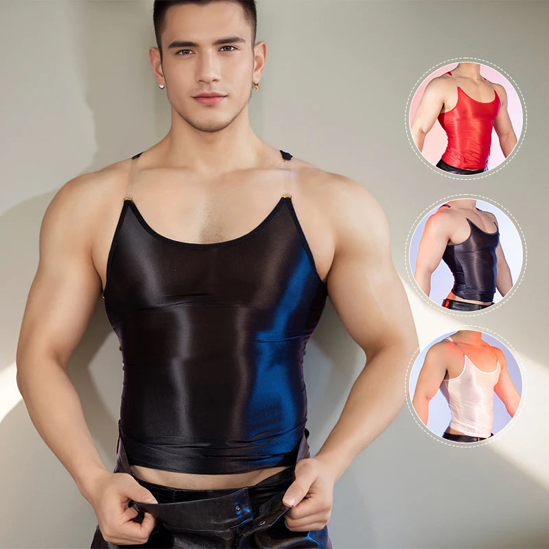 Mens Seamless Elastic Tops Oil Shiny Sleeveless Smooth Solid Tank Top Tights Male O-Neck Widely Applicable Running Undershirt