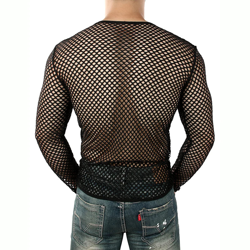 Mens Transparent Sexy Mesh T Shirt  New See Through  Fishnet Long Sleeve Muscle Undershirts Nightclub Party Perform Top Tees