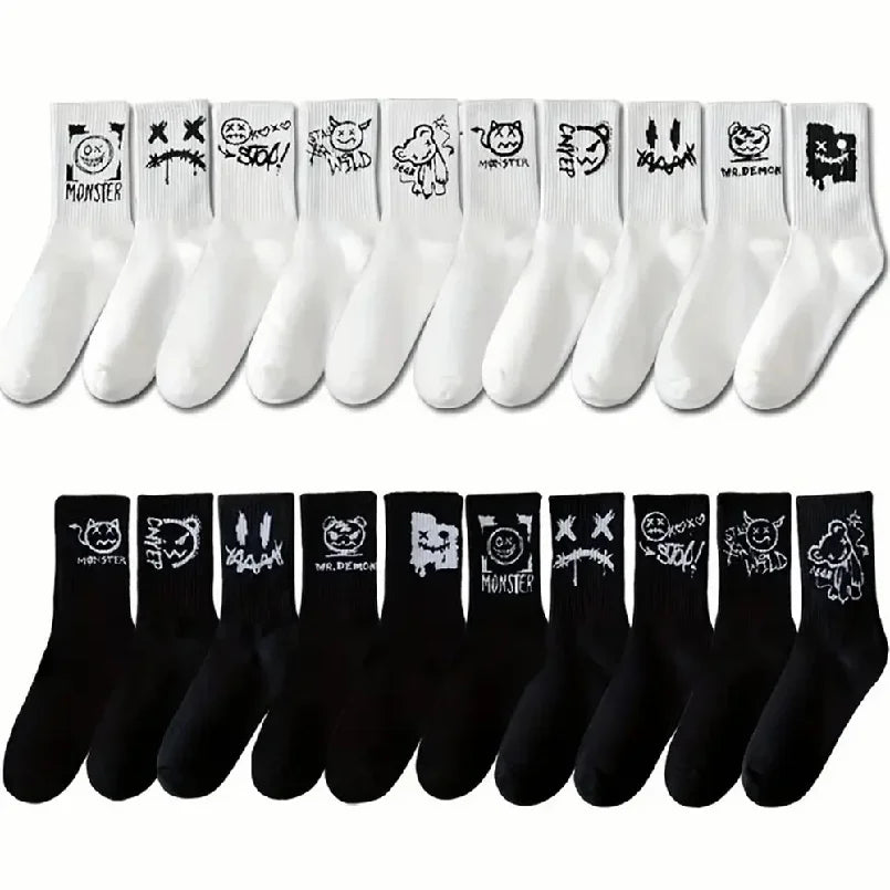 5/10 Pairs Men Women Graffiti Printed socks Street Style Soft Comfortable Sweat Absorbing Breathable Couple Sports Leisure Socks