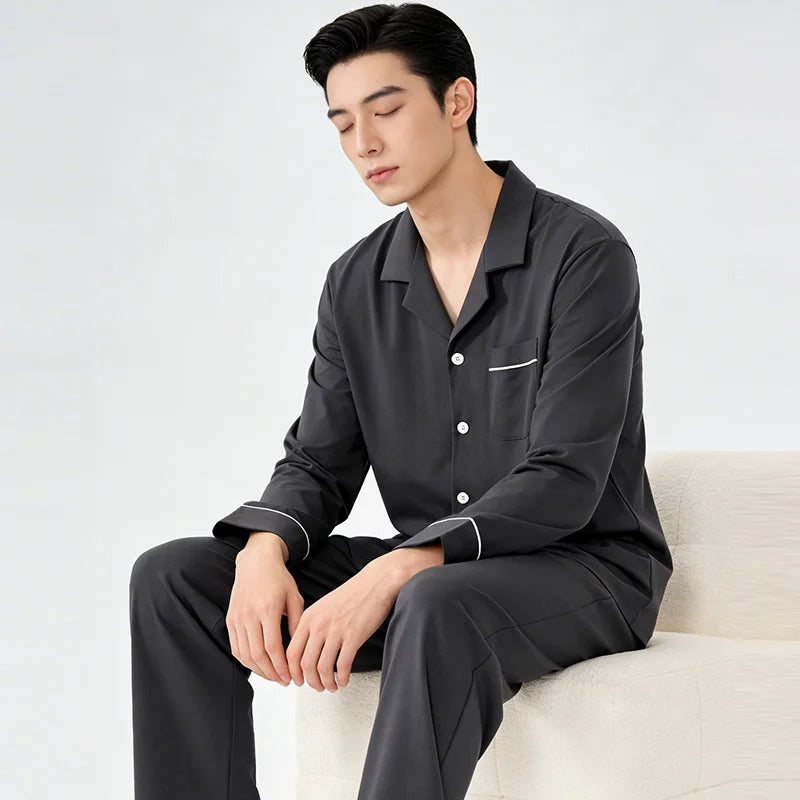 Men's  Cotton Pajamas Set Button-Down Warm Pijamas Hombre Soft Breathable Cotton Sleepwear Homeclothes PJ Grey Loungewear