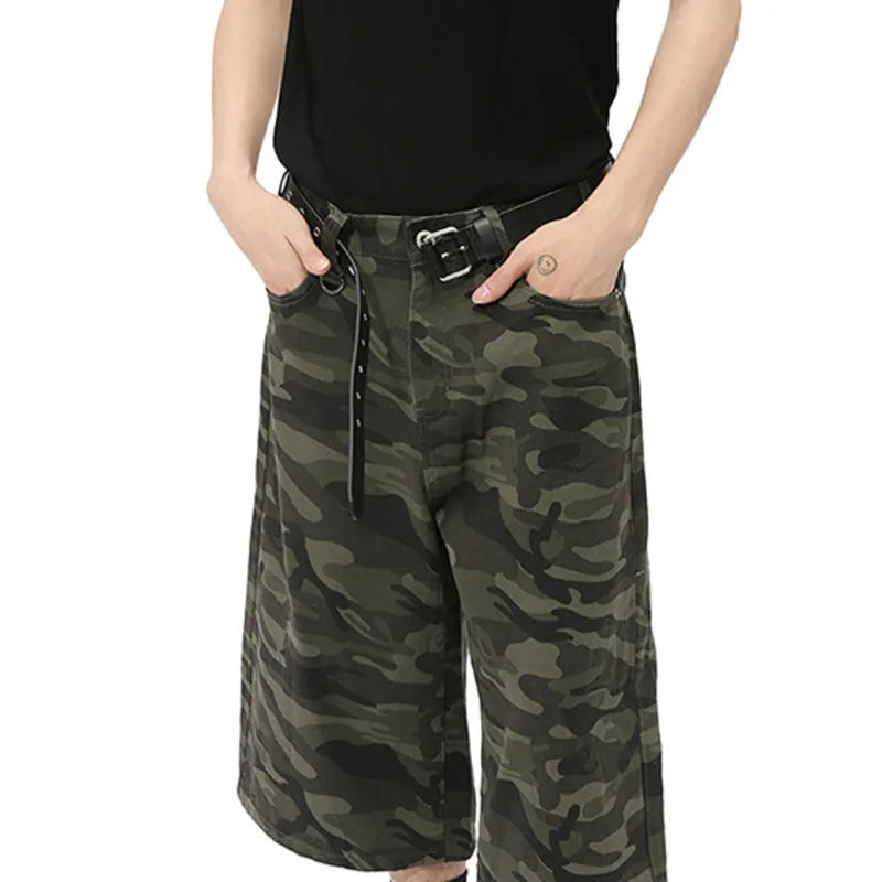 IEFB American Style Men's Shorts Camouflage Calf-Length Pants Straight Wide Leg Male Short Jeans Summer Fashion Bottom 9C7600