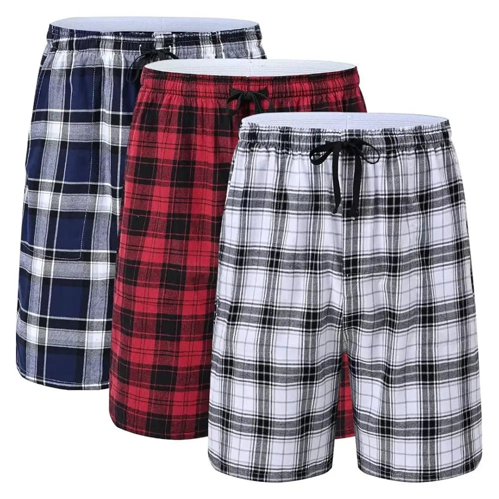 100% Cotton 3Pcs Mens Underwear Boxers Shorts Male Breathable Loose Pajama Sleep Bottoms Shorts Plaid Comfortable Homewear