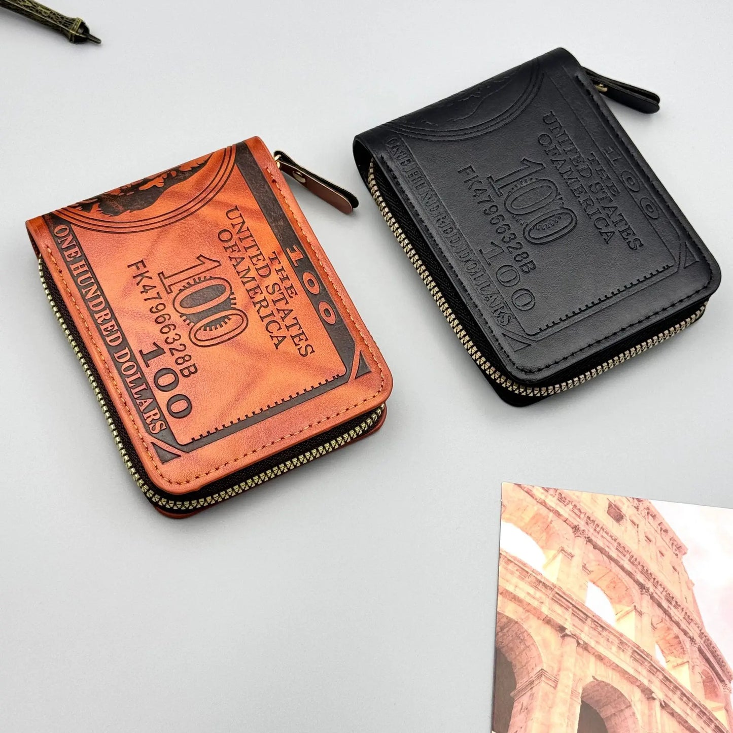 NONE Zipper Men Wallet with 100 US Dollar Pattern Male Leather Wallet