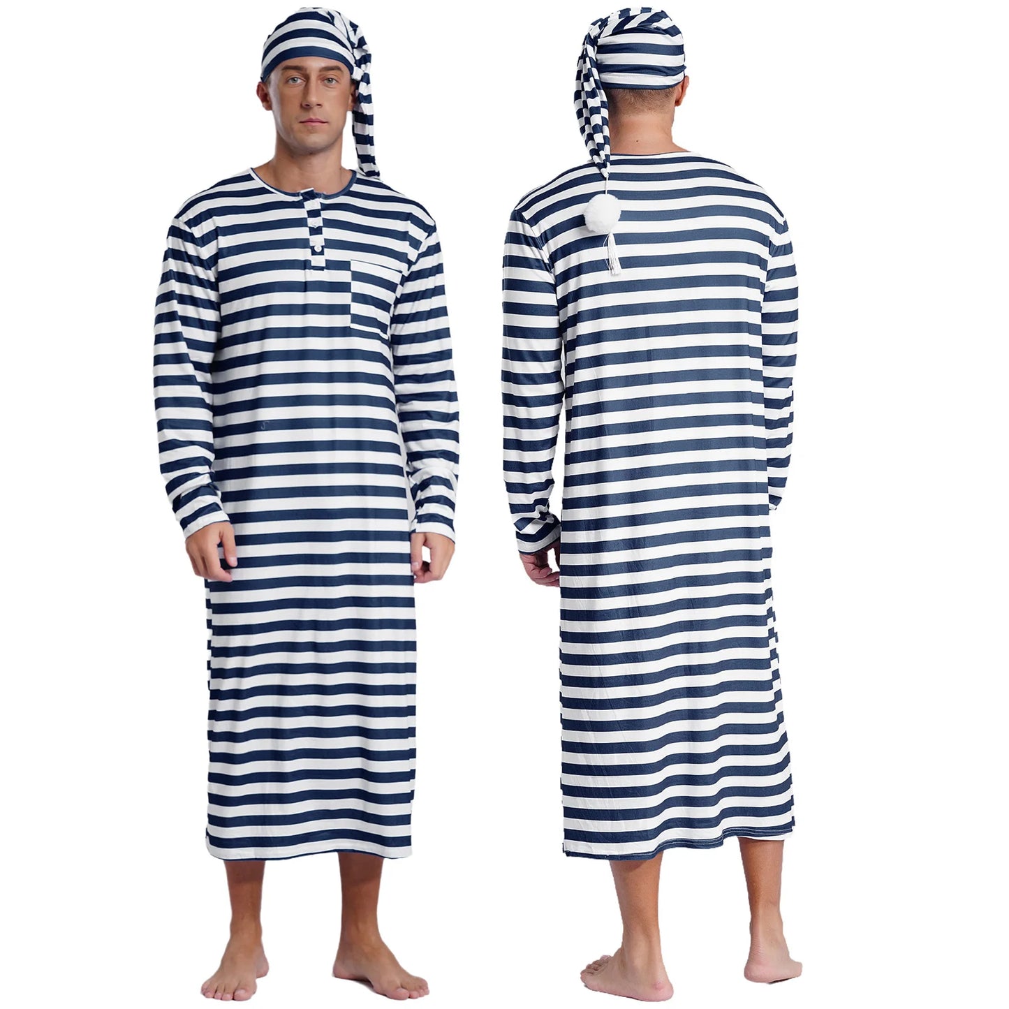 Mens Christmas Striped Sleep Robe with Hat Set
