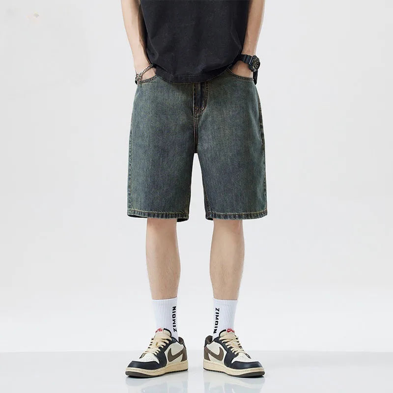 2025 Summer men seven inch jeans fashion design men's jeans slim fit straight leg short jeans casual loose wide leg denim shorts
