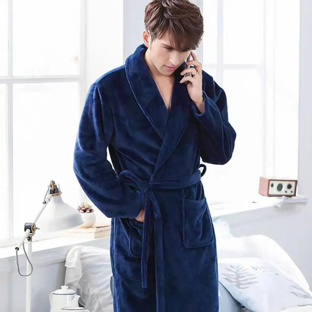Men Women Bath Robe Lapel Long Sleeve Knee-Length Bathrobe With Belt Pockets Flannel Soft Loungewear Nightwear Plush Spa Robe