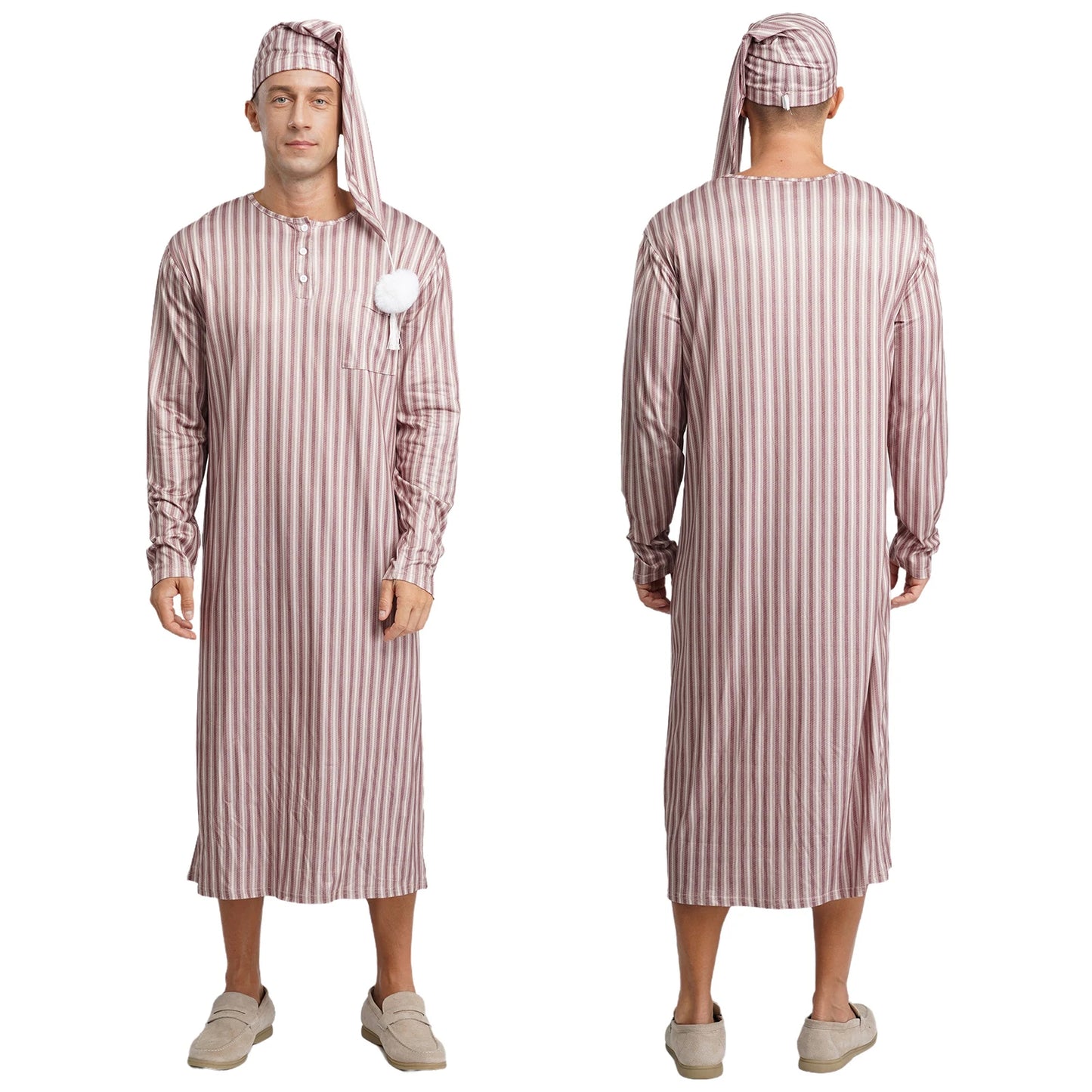 Mens Sissy Nightgown Striped Sleep Robe with Hat Set Complete Sleepwear Comfortable Loungewear Homewear for Holiday Nights