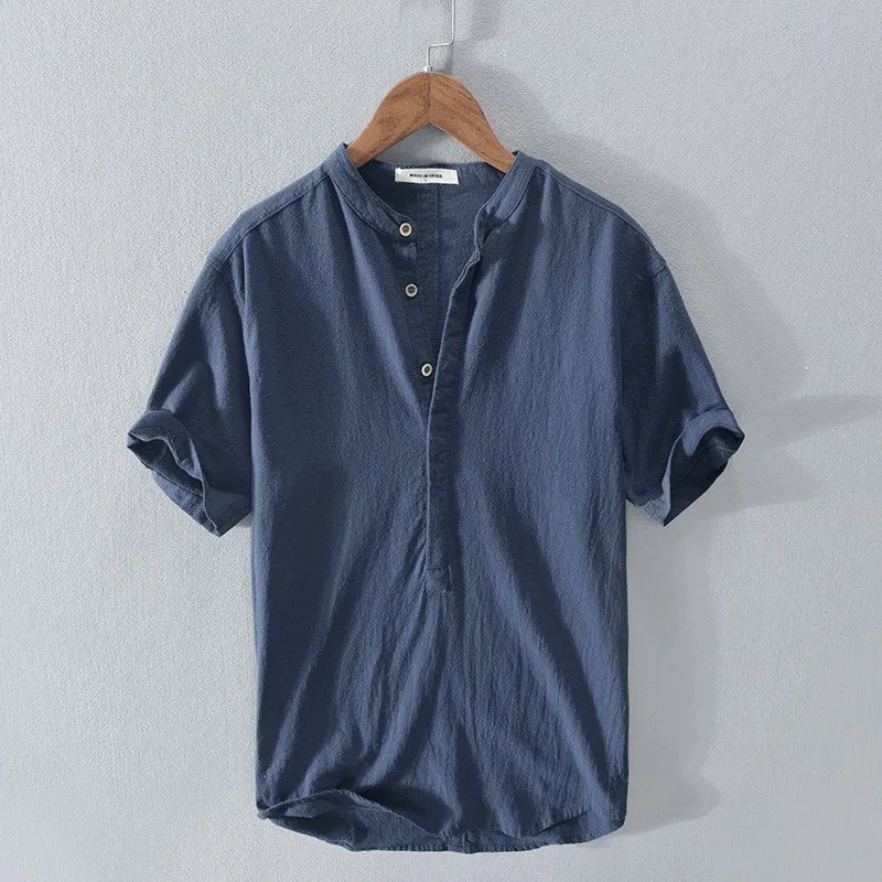 New Mens Short Sleeve T Shirts Solid Color Stand Up Collar Shirt Summer Trendy Breathable Loose Youth Basic Cotton Pocket Top