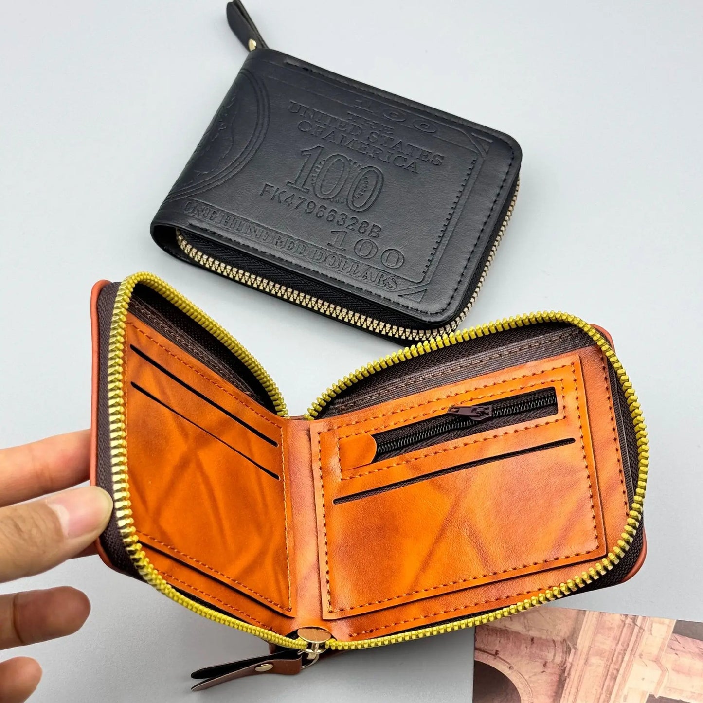 NONE Zipper Men Wallet with 100 US Dollar Pattern Male Leather Wallet