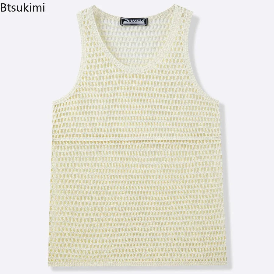 New Summer Men Sexy Mesh Tank Tops Transparent Fishnet Tops Male Vintage Knitted Sleeveless Tops Hollow Out Sports Fitness Tees