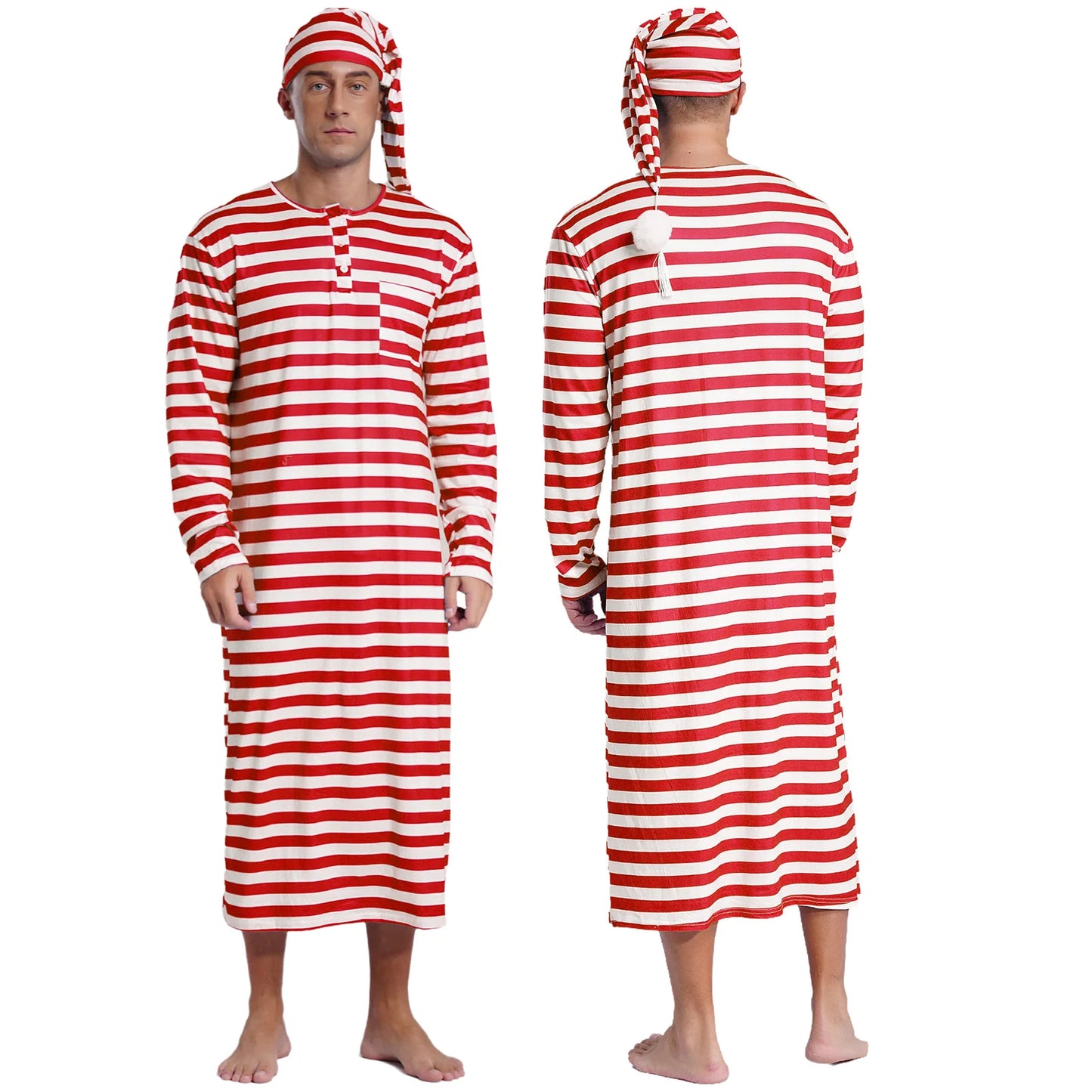 Mens Christmas Striped Sleep Robe with Hat Set