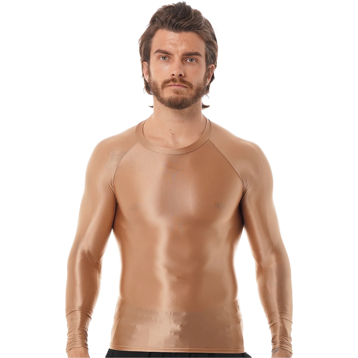 Mens Glossy Sports Tops Long Sleeve T-shirt Solid Color Slim Fit Breathable Fitness Gymnastics Workout Tops Yoga Beach Swimwear