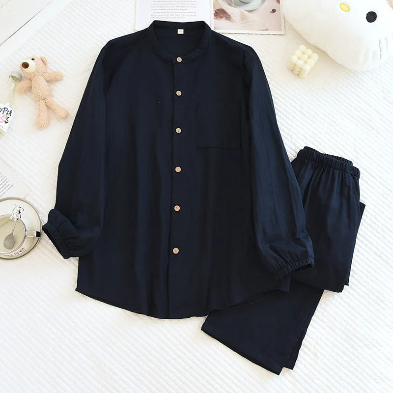 New Men's Sleepwear Two-piece Set for Spring 2025 100% Cotton Crepe Fabric Vertical Long Sleeved Long Pants Home Suit Set