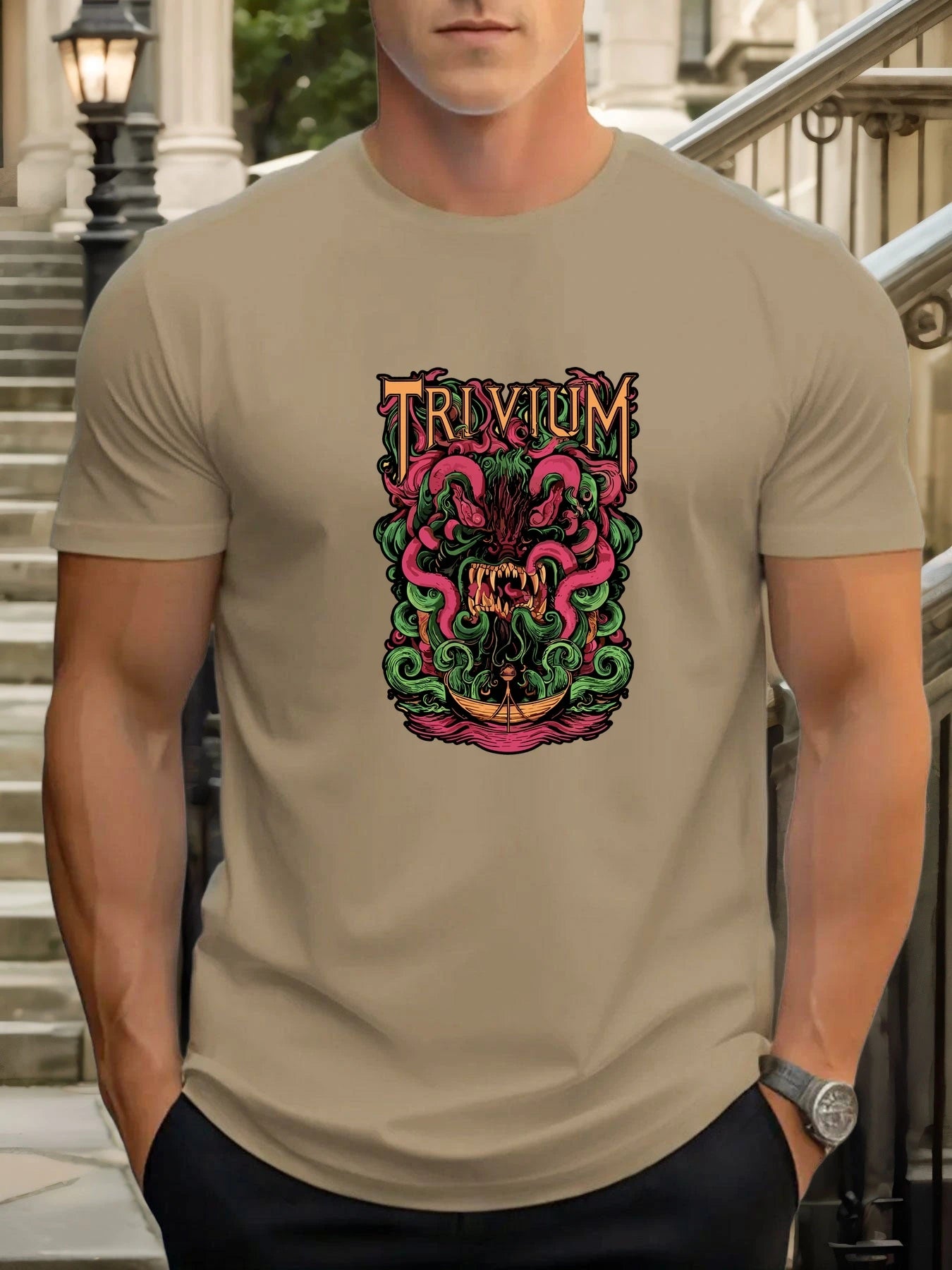 T Shirts For Men TRIVIA Monster 100% Cotton Graphic Printing Summer Round Neck T-Shirt Casual Breathable Street Style Daily Top