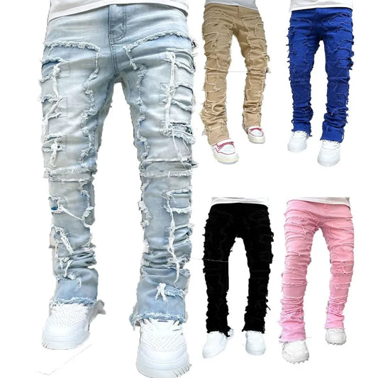 Men's Denim Straight Jeans with Tassels and Pockets