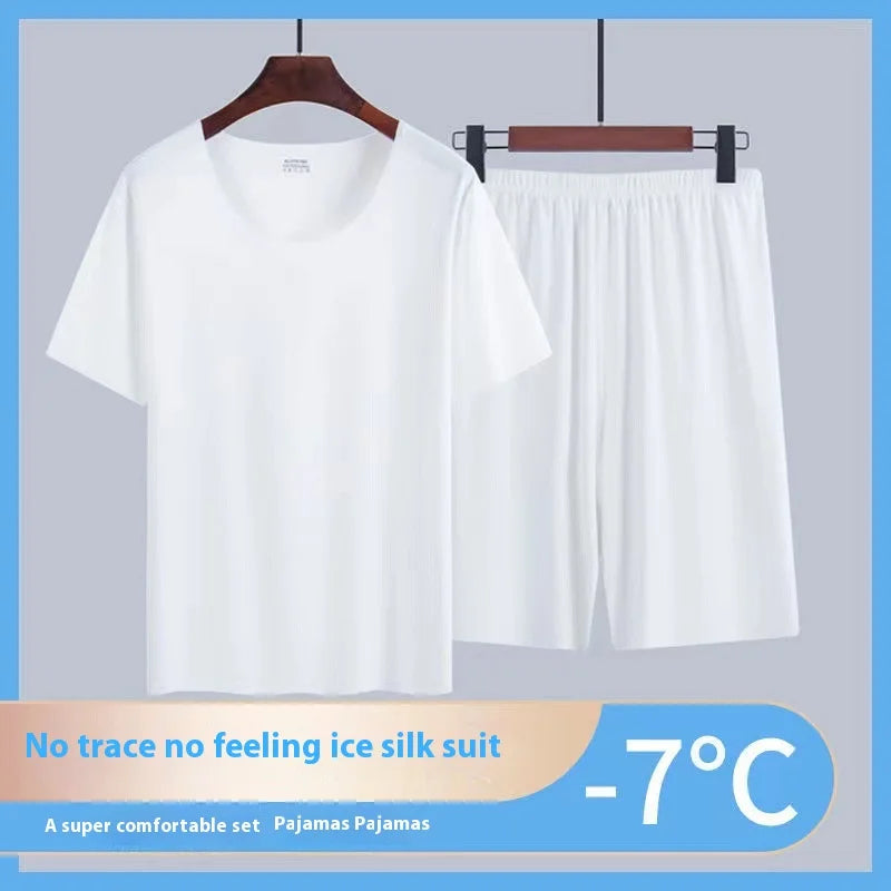 Men's Summer Loungewear Set: Ice-Silk Pajamas, Modal Seamless Round-Neck Lightweight Short-Sleeve T-Shirt, Men's Summer Clothing