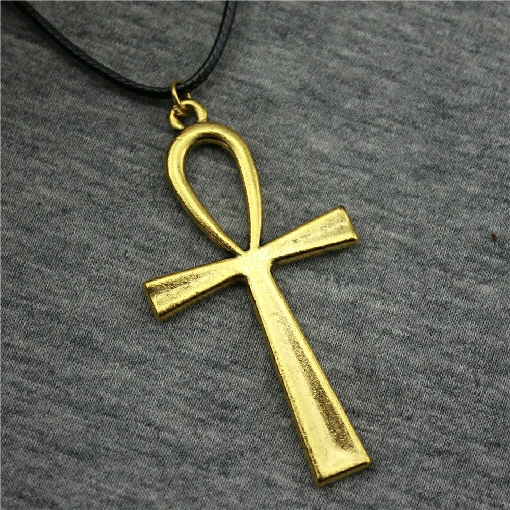 Ankh Cross Pendant Necklace Black Leather Chain Necklace