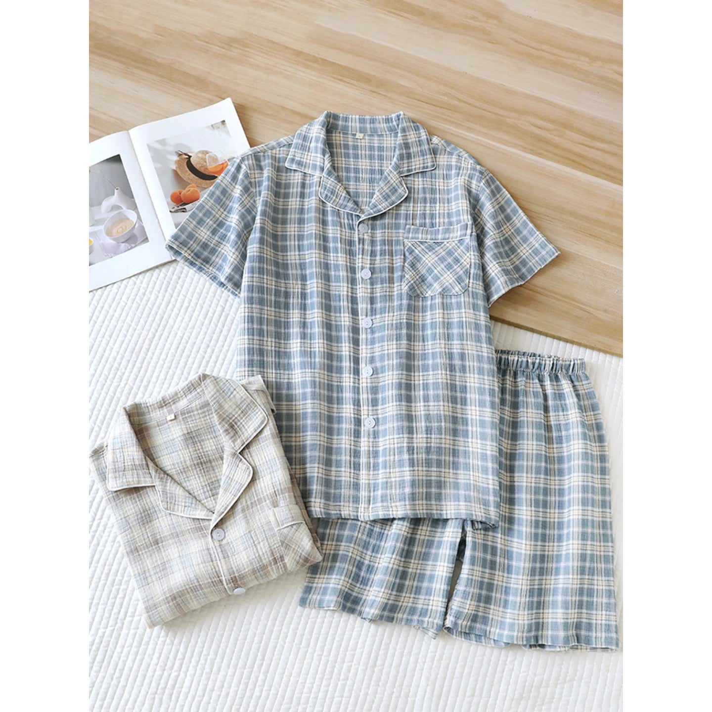 Men's 2-Piece Pajama Set - Japanese Plaid Sleepwear, Cotton Gauze Short Sleeve & Shorts, Lightweight & Breathable Relaxed Fit, S