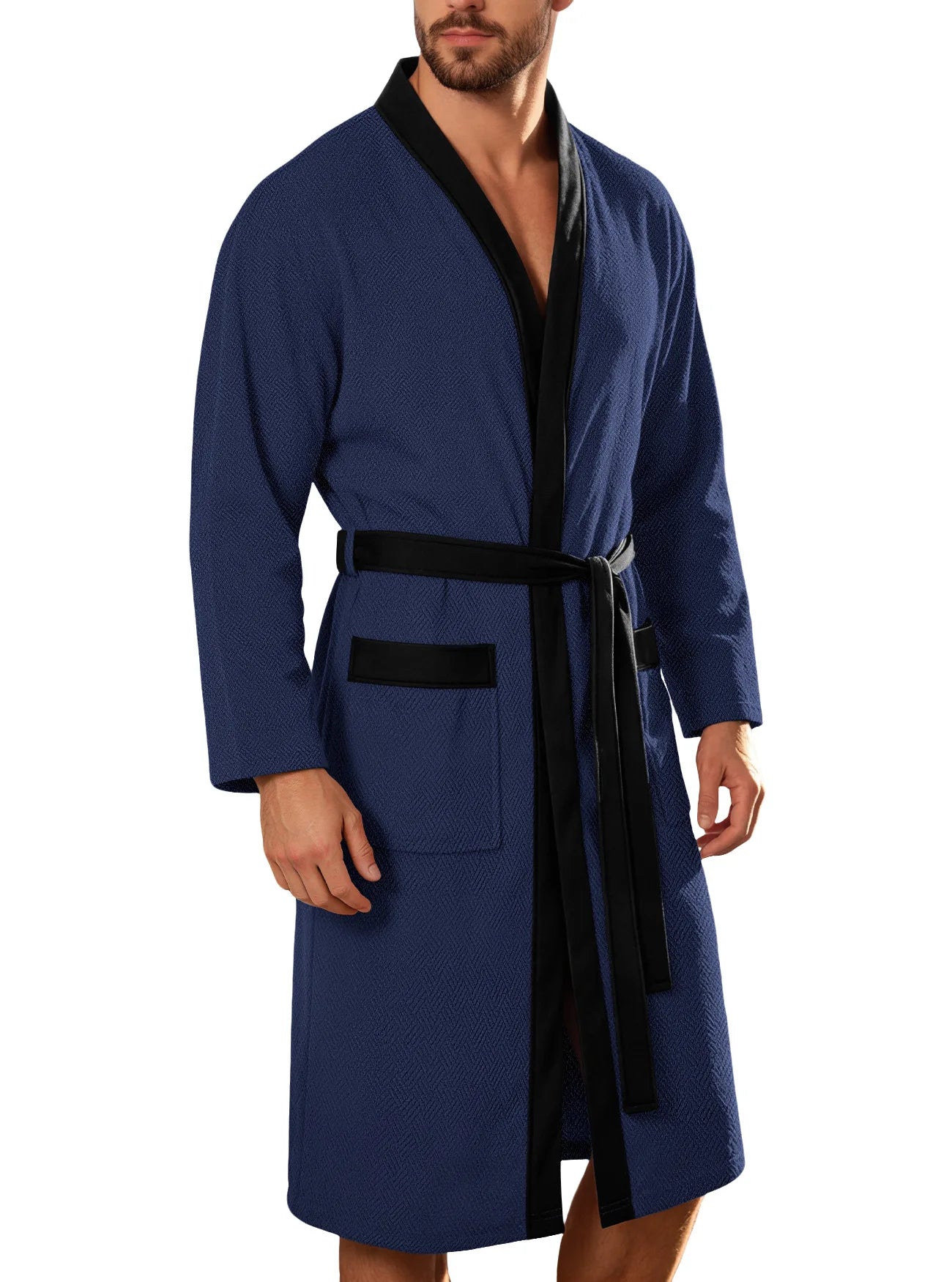 Men's Bathrobe Long Sleeves Kimono Style Spa Robe with Belt Pockets Soft Comfortable Sleepwear Loungewear for Home Hotel Use