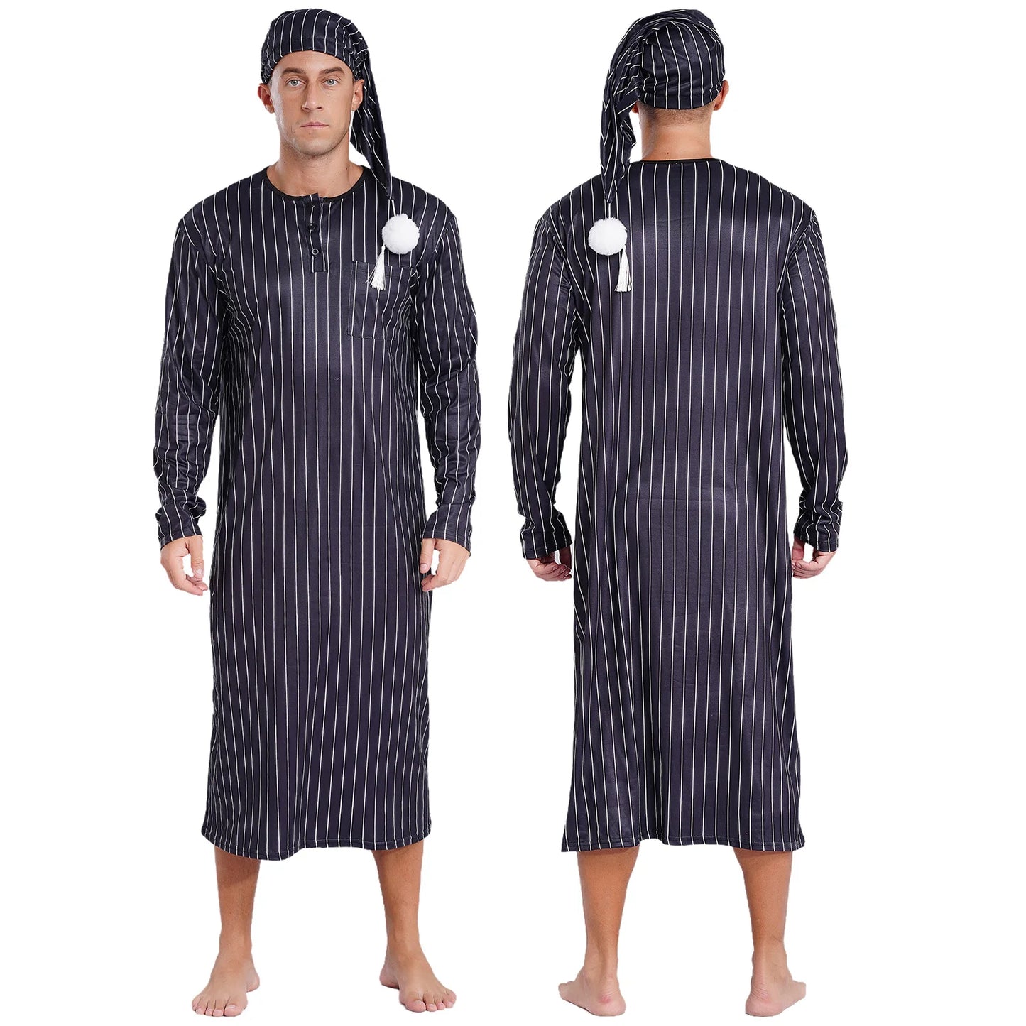 Mens Sissy Nightgown Striped Sleep Robe with Hat Set Complete Sleepwear Comfortable Loungewear Homewear for Holiday Nights