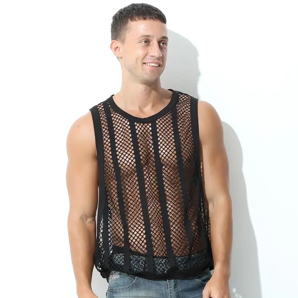 Mens Undershirts Vest Mesh See Through Sleeveless T Shirt Sexy Singlets Fitness Transparent Men Tank Tops Gym Vest