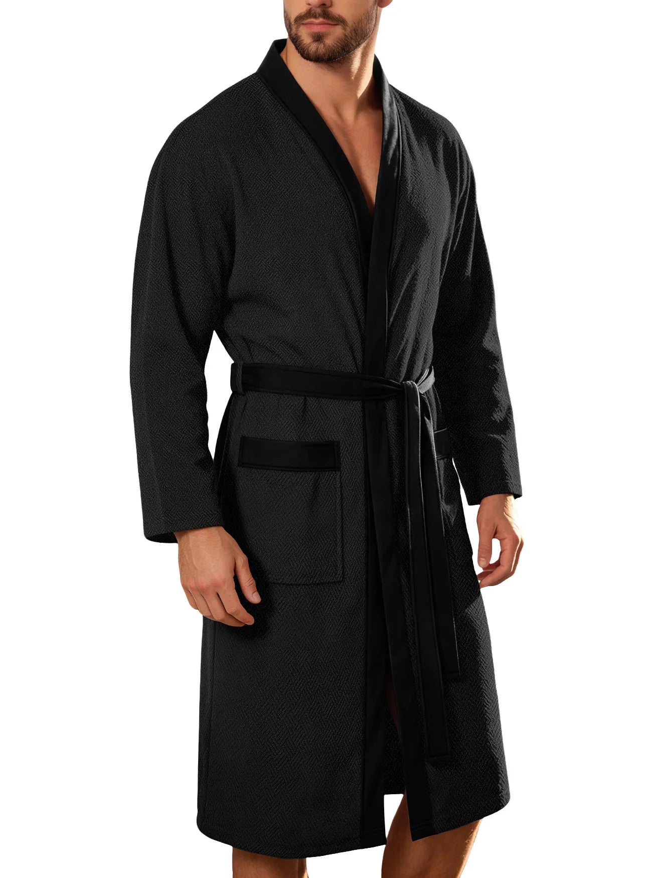 Men's Bathrobe Long Sleeves Kimono Style Spa Robe with Belt Pockets Soft Comfortable Sleepwear Loungewear for Home Hotel Use