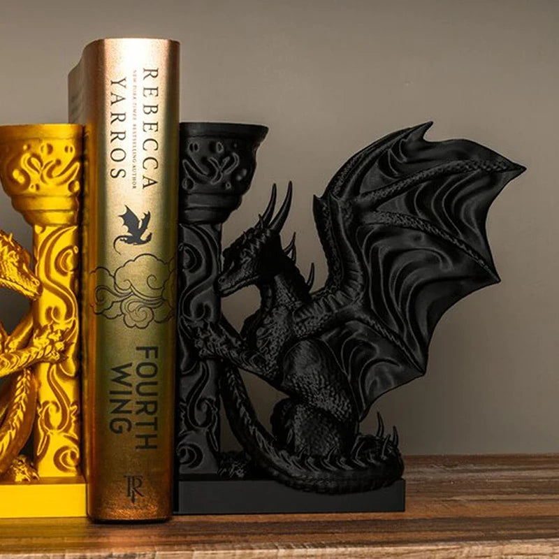 BookShelf in Gold + Black Dragon Bookends 3D Printed Animal Dragon
