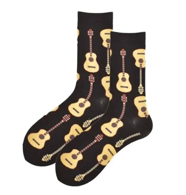 Men's Cartoon Guitar Print Crew Breathable Comfortable Socks Casual Street Style Socks For Men's Outdoor Wearing All Seasons Wea
