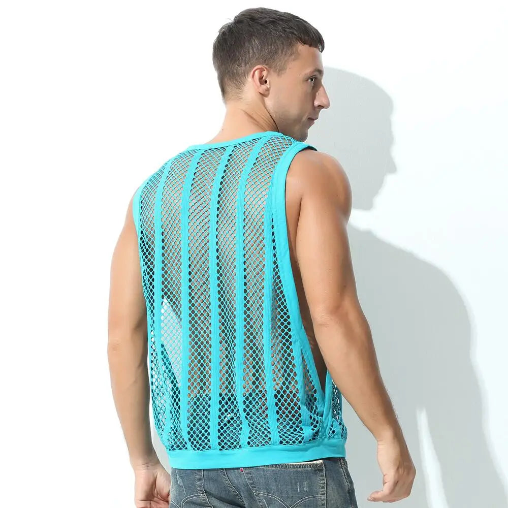 Mens Undershirts Vest Mesh See Through Sleeveless T Shirt Sexy Singlets Fitness Transparent Men Tank Tops Gym Vest