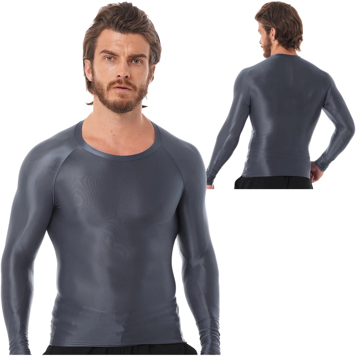 Mens Sports T-Shirts Tops Slim Fit Breathable T-Shirts Tops Glossy O Neck Long Sleeve Transparent T-shirt Running Undershirts