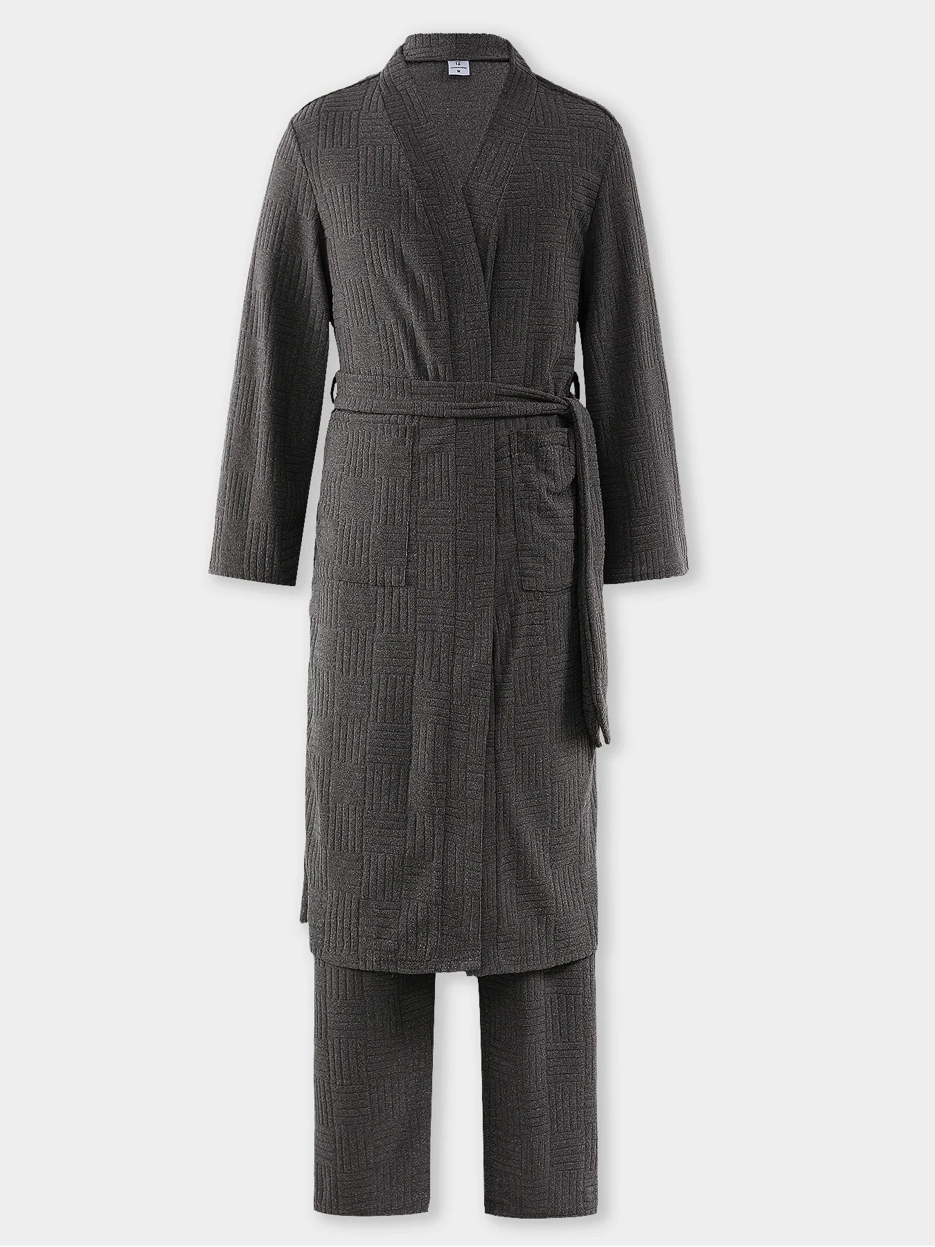 Men's Textured Plaid Bathrobe & Pajama Pants Loungewear Set 2 Piece Spring Autumn Thickened Belted Robe