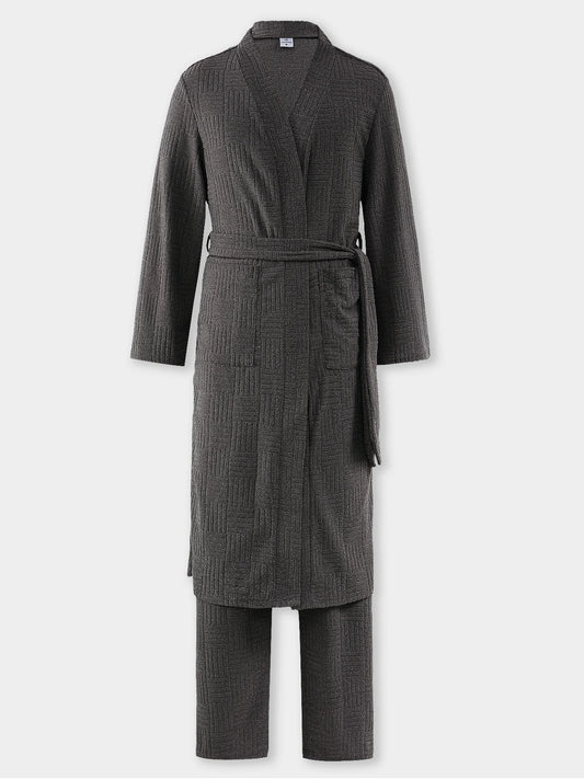 Men's Textured Plaid Bathrobe & Pajama Pants Loungewear Set 2 Piece Spring Autumn Thickened Belted Robe