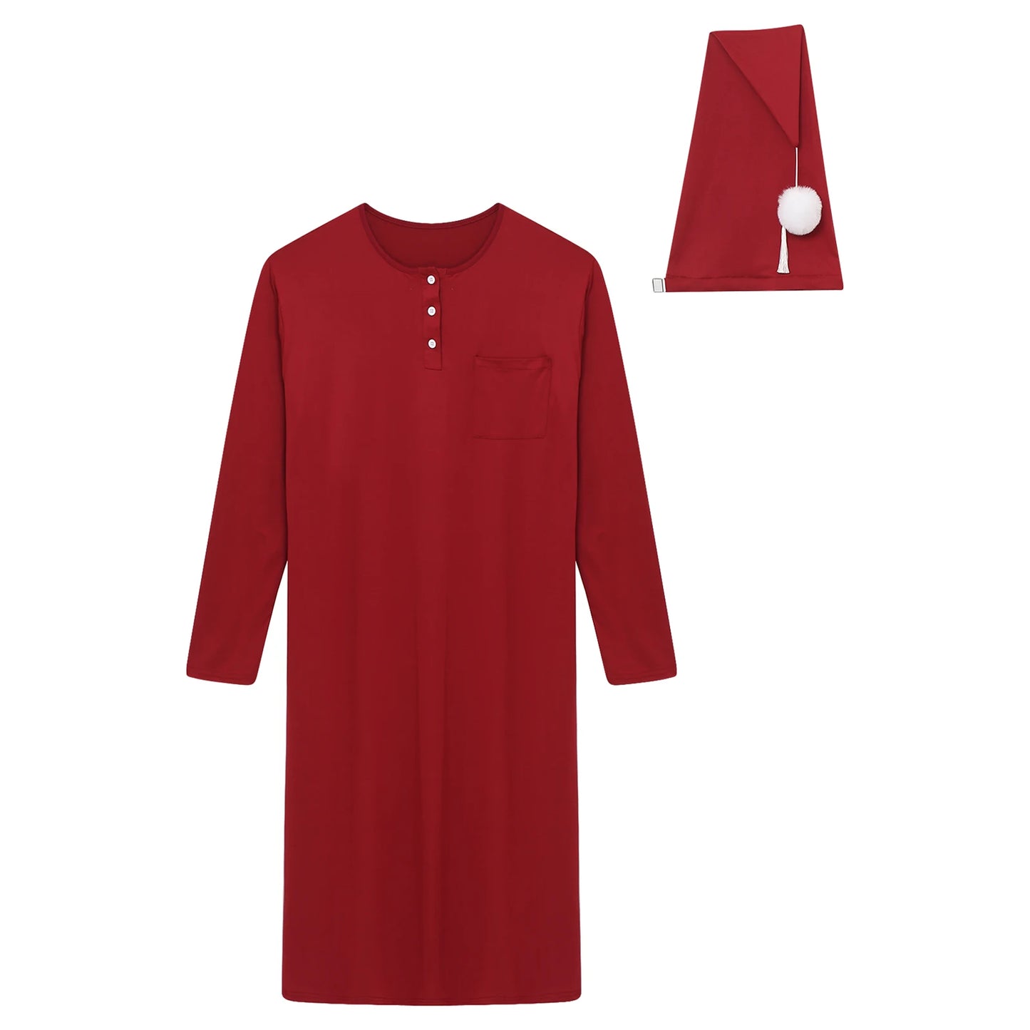 Mens Solid Color Long Sleeve Sleep Robe with Night Cap Round Neck Big & Tall Nightshirts Home Loungewear Pajamas Sleepwear