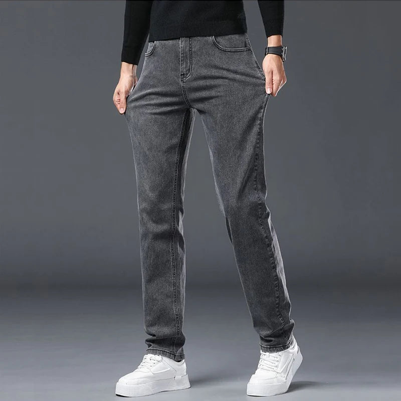 Men's Slim Fit Elastic Jeans Gray Casual Denim Pants