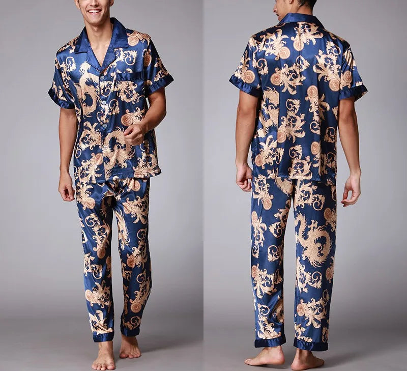 2026 Spring Summer Loungewear Short Sleeves Long Pants Pajama Set Men Printed Satin Silk Pyjamas Male Pajamas Household Clothes