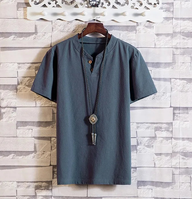 Men's Casual V Neck Short Sleeve Linen T-shirt