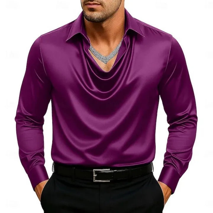 Men's Satin Silk Casual Dress Shirt Long Sleeve