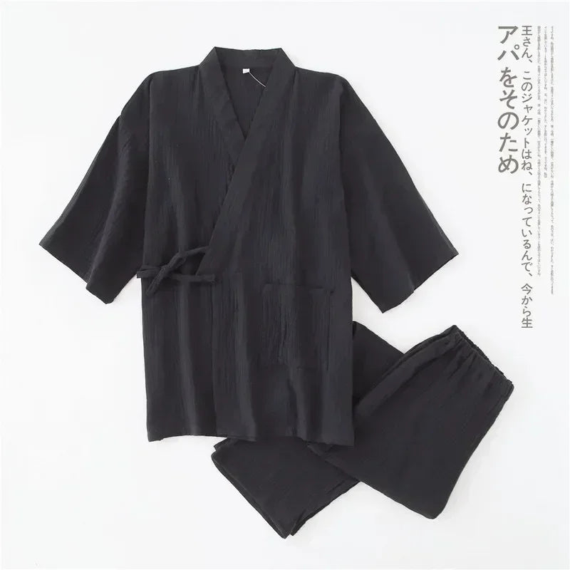 2026 Men's 100% Cotton Cotton Crepe Cloth Pajamas Sets Plus Size Loose V-neck Kimono Bathrobes and Pants Couple Lounge Sleepwear