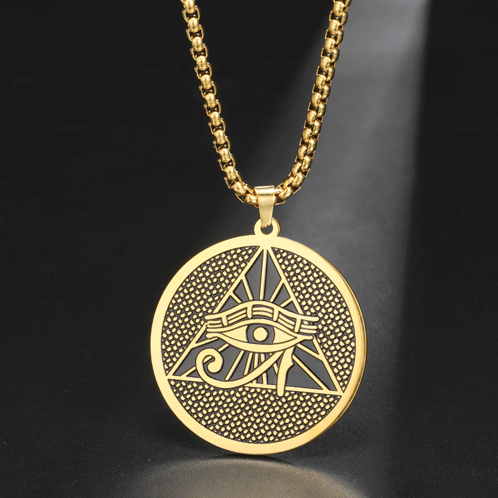 Egyptian God Anubis Double Sides Necklace Pharaoh Pyramid Eye of Horus Protection Amulet Stainless Steel Ancient Egypt Jewelry